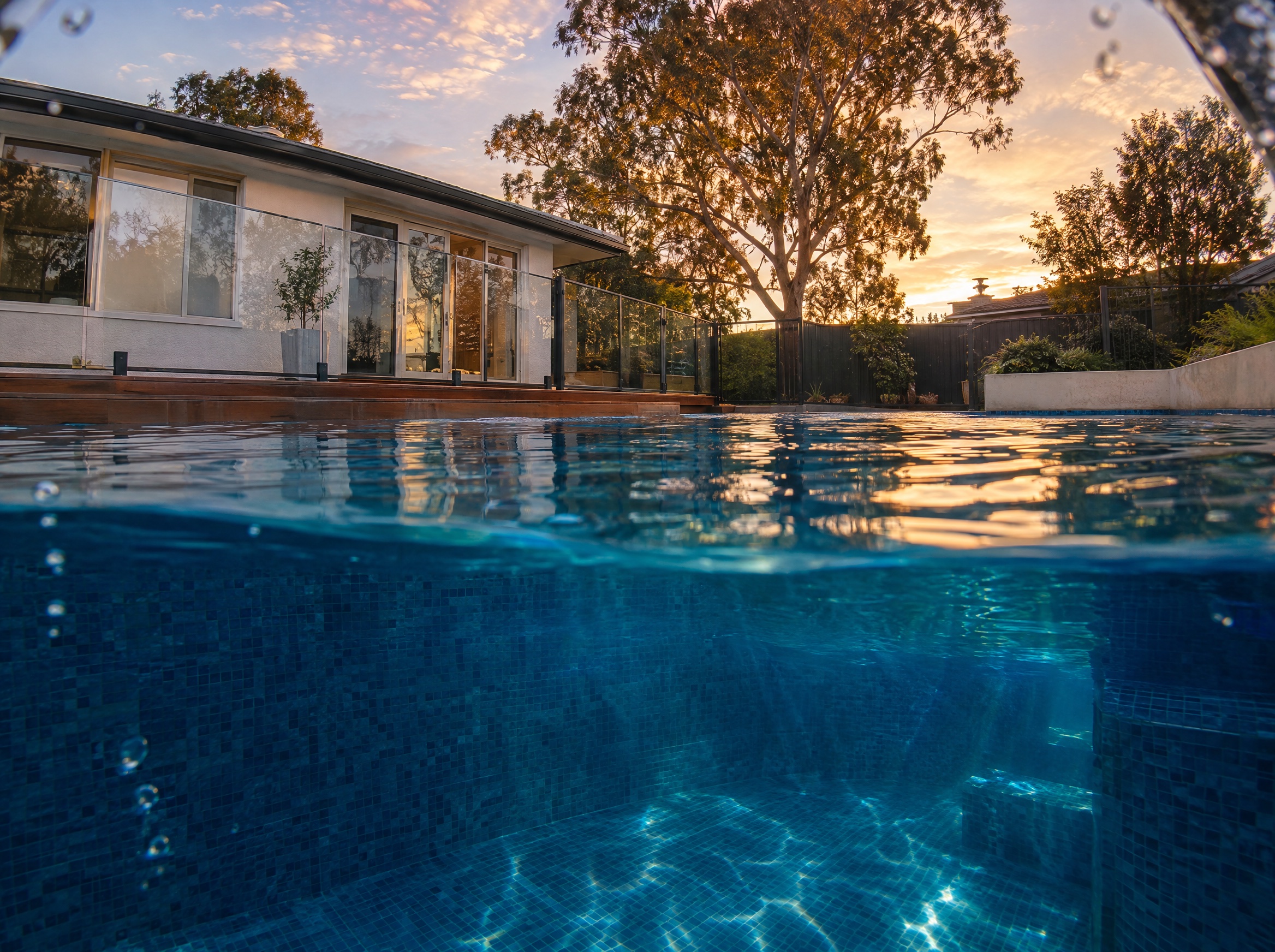 Split-level waterline pool concept at sunset