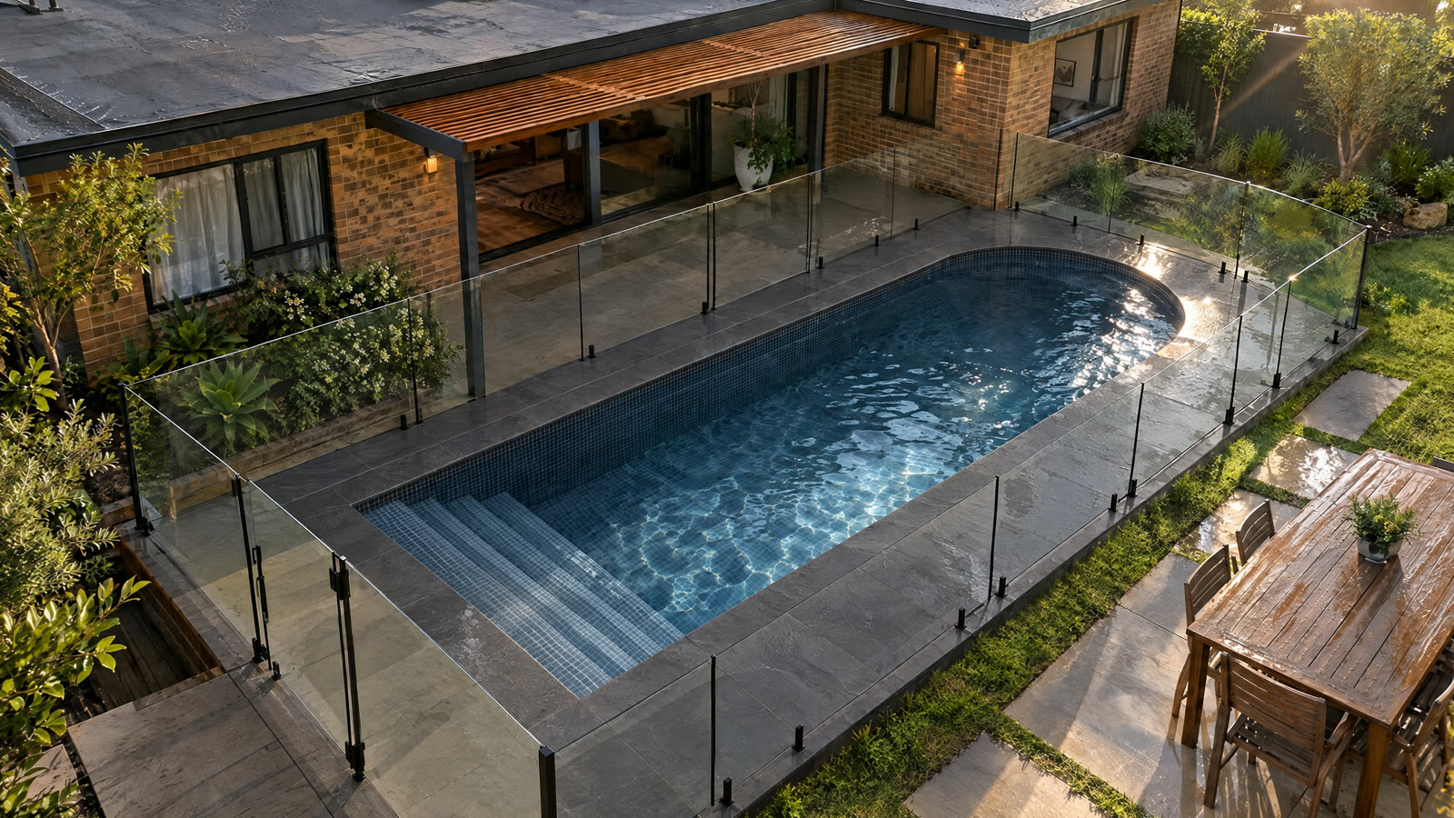 Same pool shown with dark architectural finishes