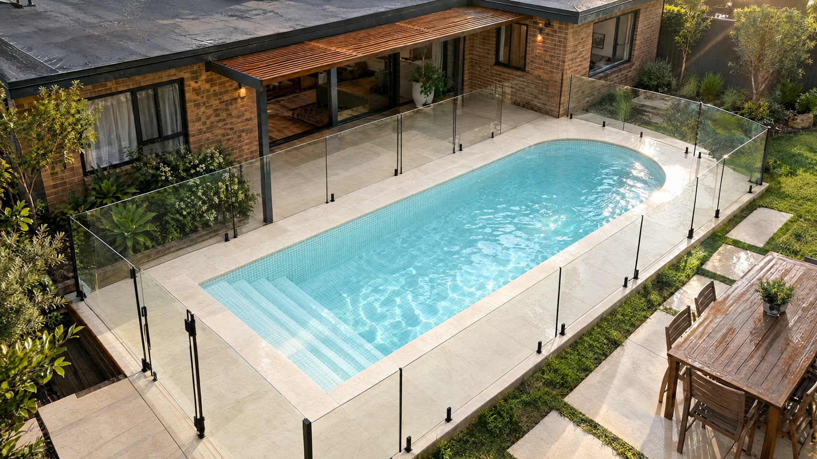 Pool shown with pale coastal paving and light aqua finishes