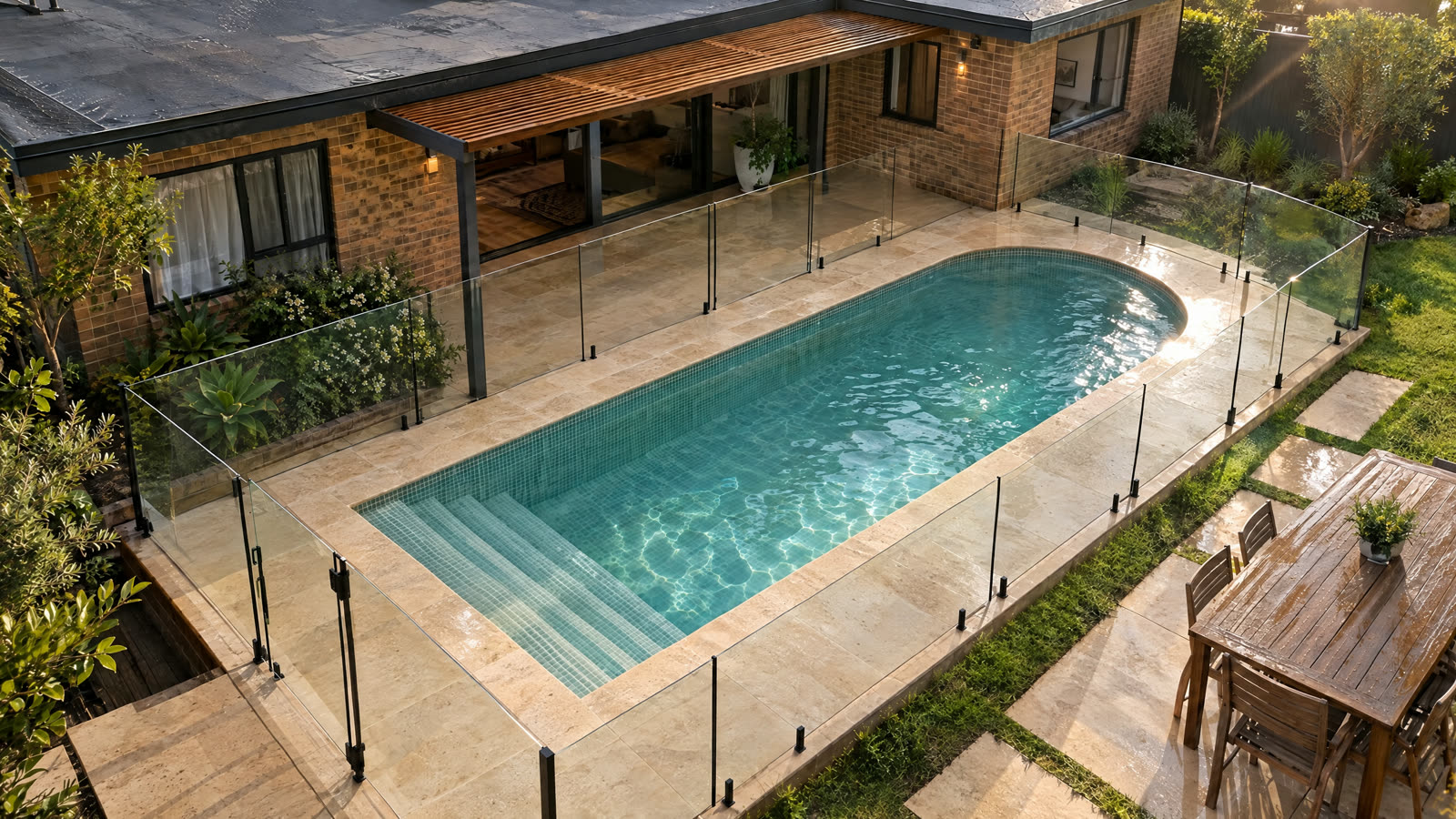 Same pool shown with warm natural stone finishes