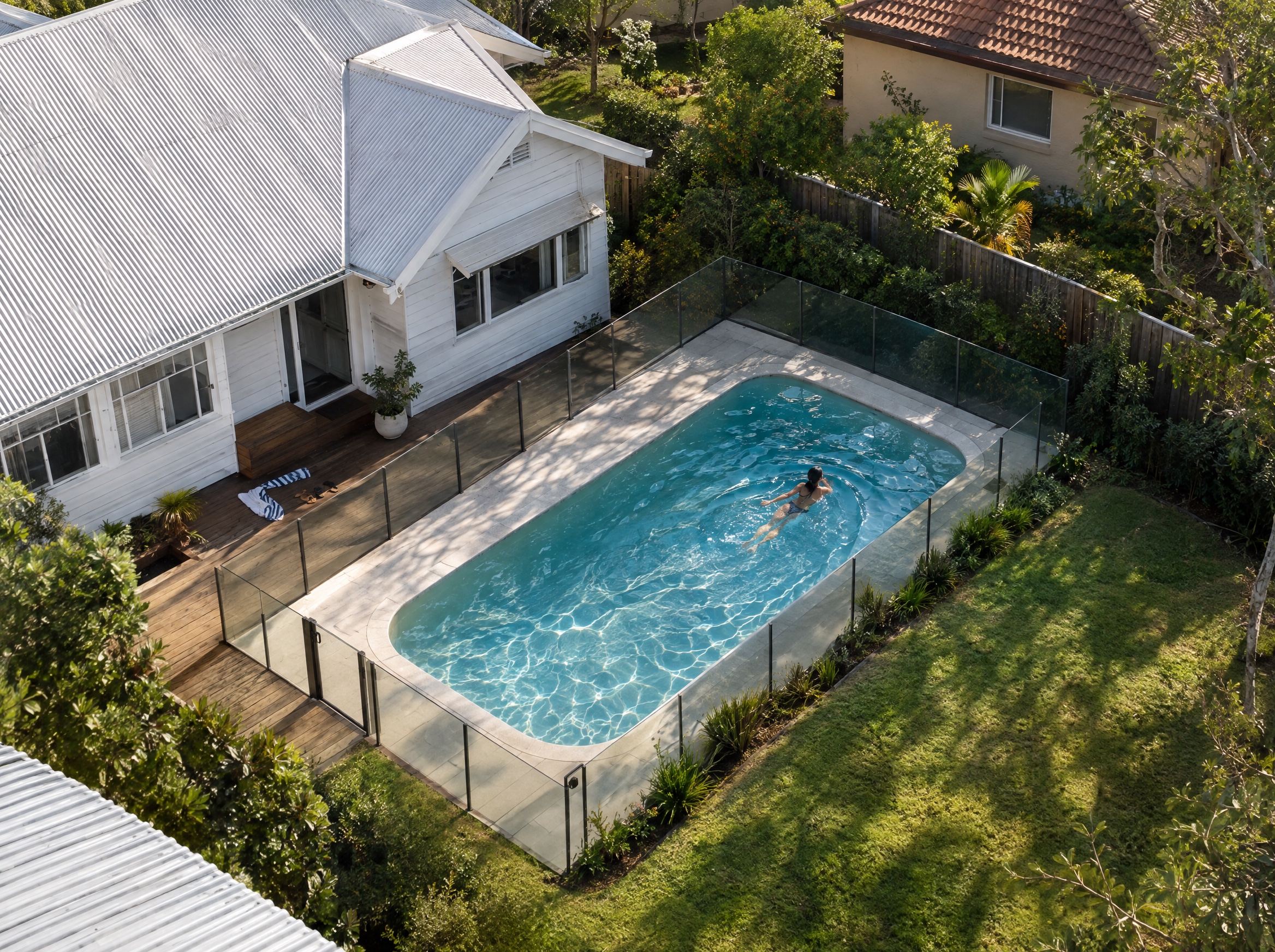 Family pool with pale paving and outdoor living space