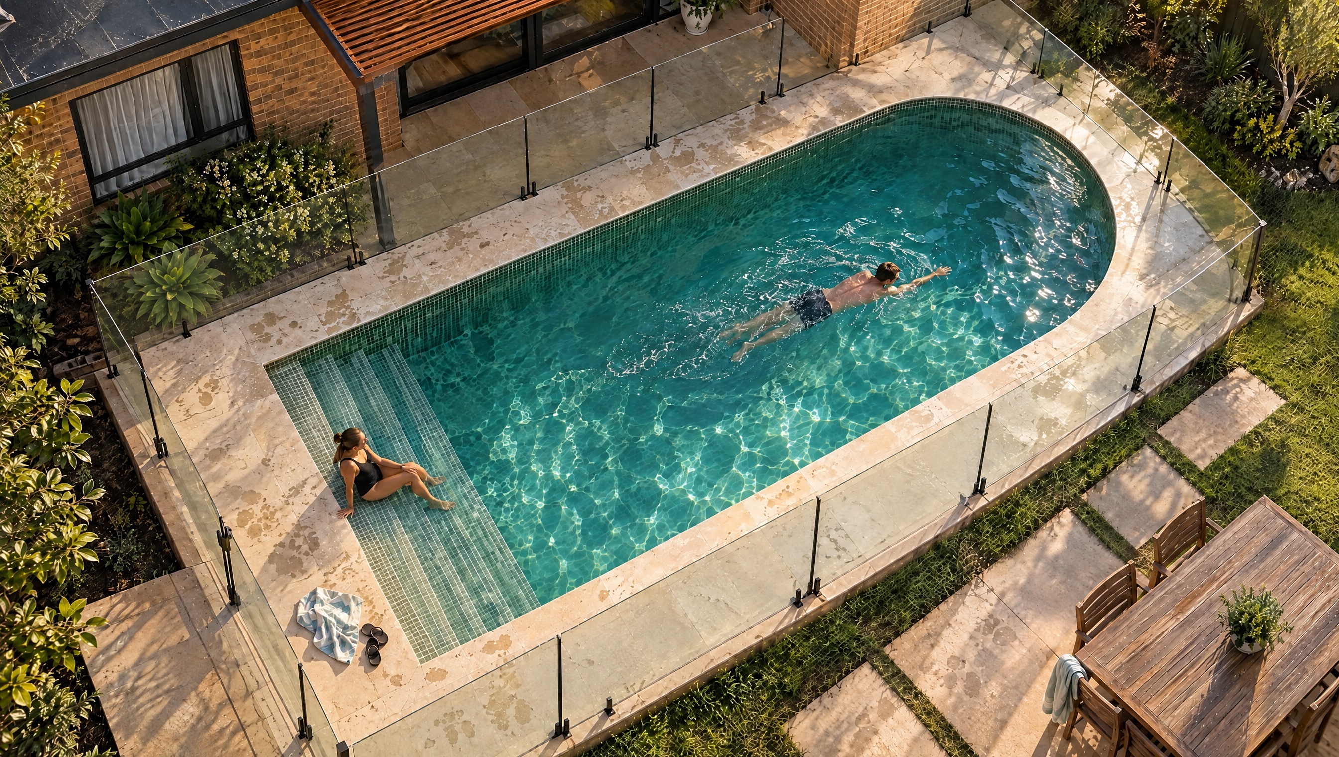 Adults enjoying the sample pool from an overhead viewpoint