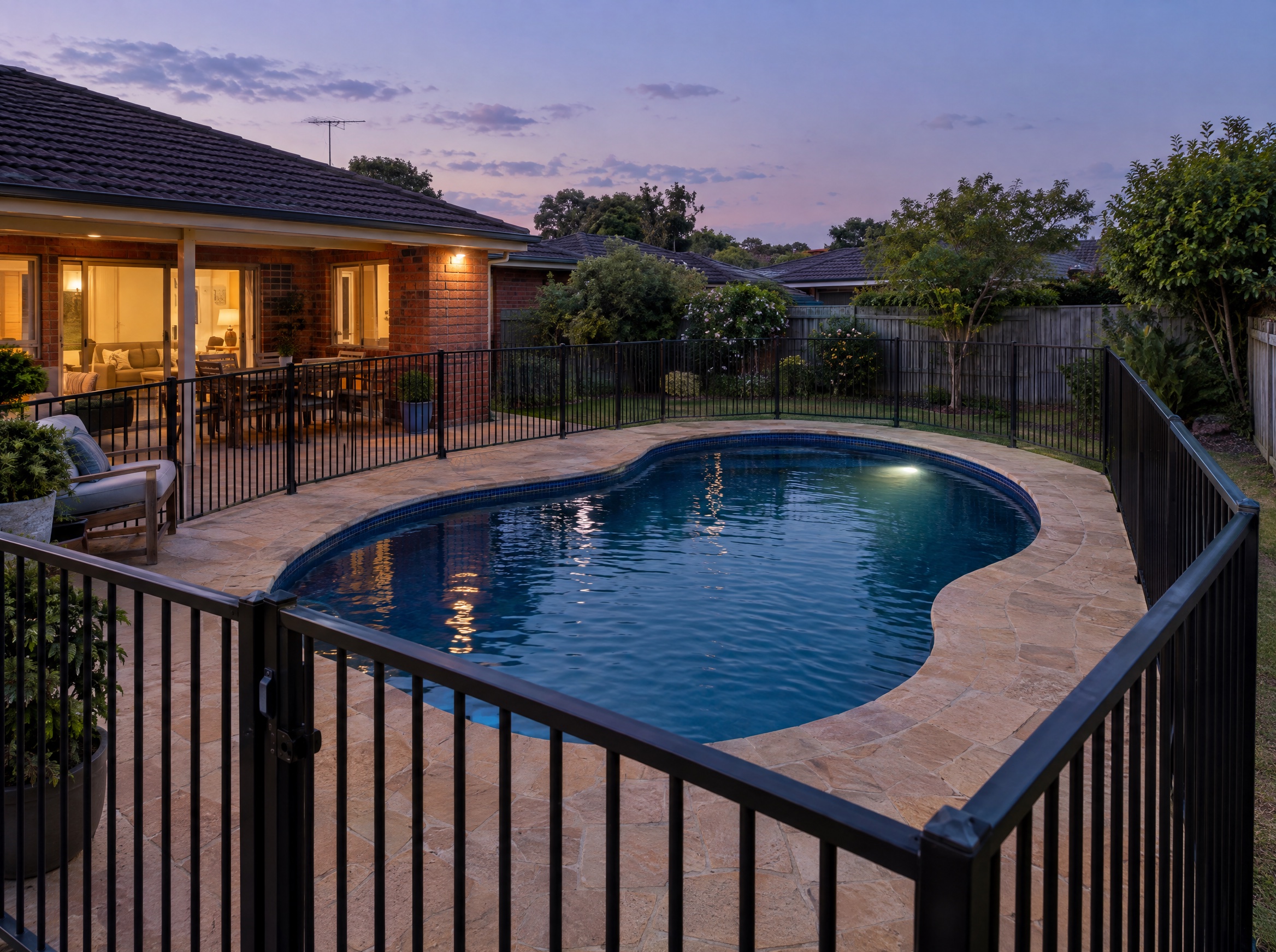 Curved pool beside a typical NSW suburban brick home